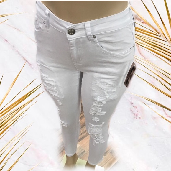 ‼️ White Ripped Stretch Denim Jean Distress - Picture 3 of 8